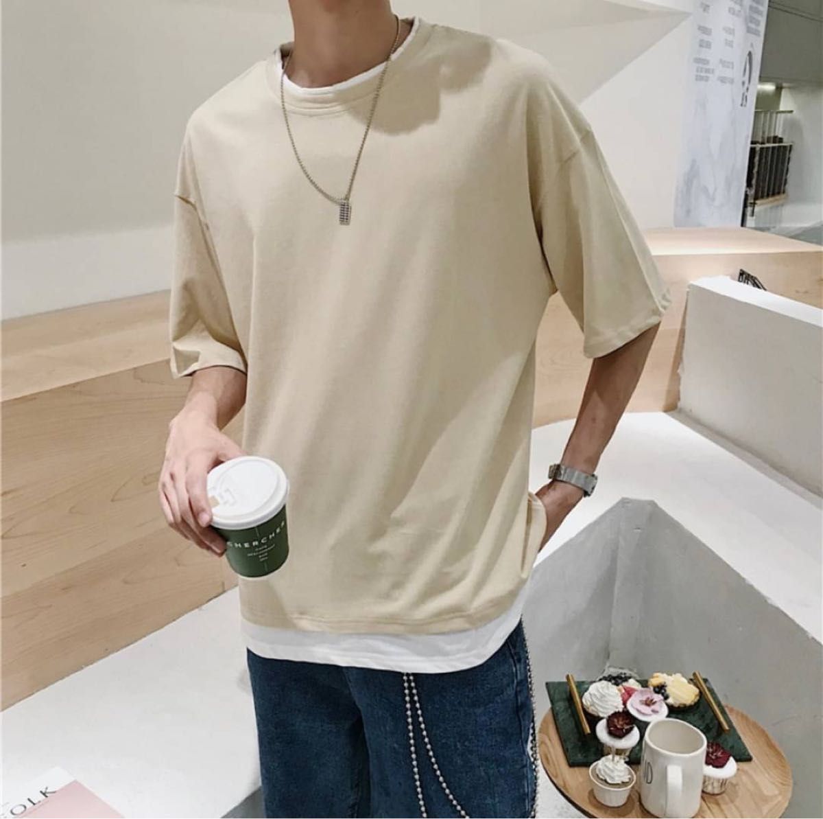 メンズ　レイヤードTシャツ　ベージュ　XL トップス　フェイク　夏　半袖　カットソー   無地　シンプル　韓国　カジュアル