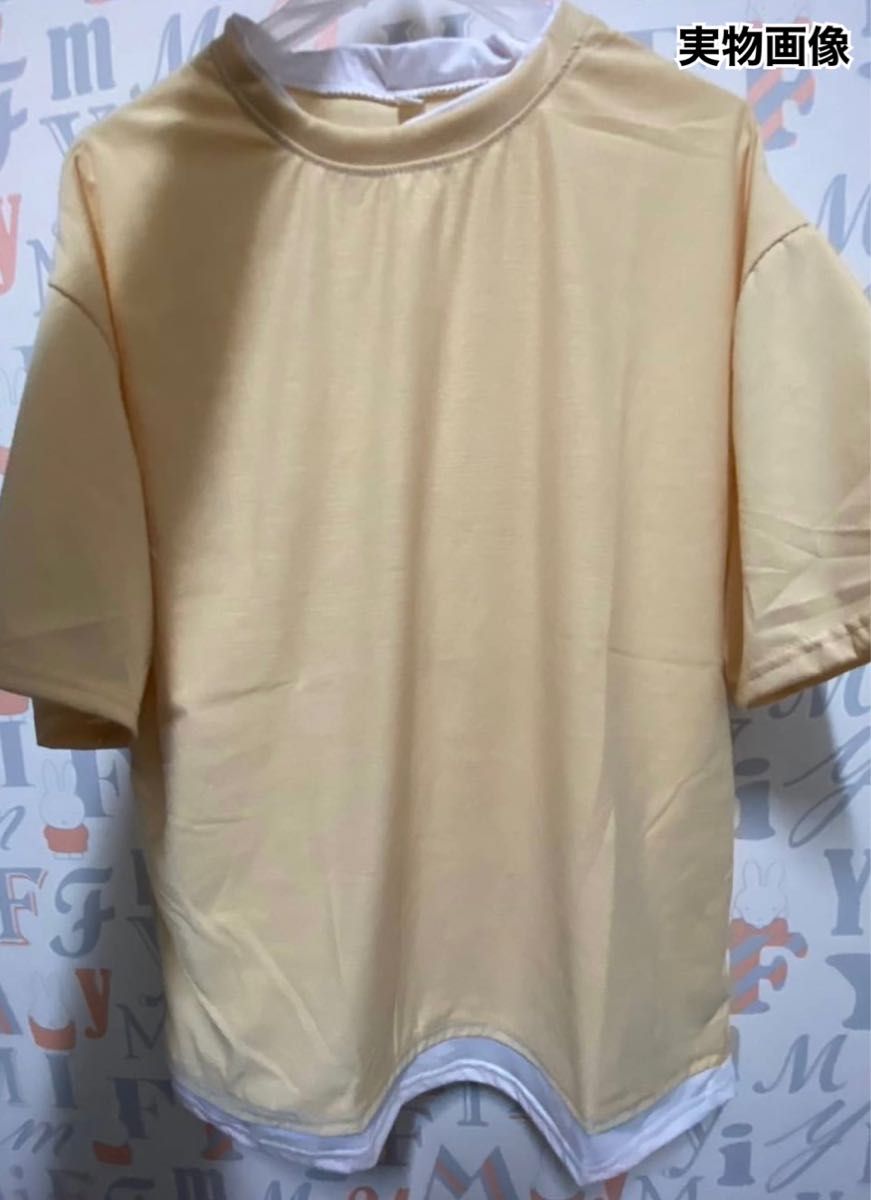 メンズ　レイヤードTシャツ　ベージュ　XL トップス　フェイク　夏　半袖　カットソー   無地　シンプル　韓国　カジュアル