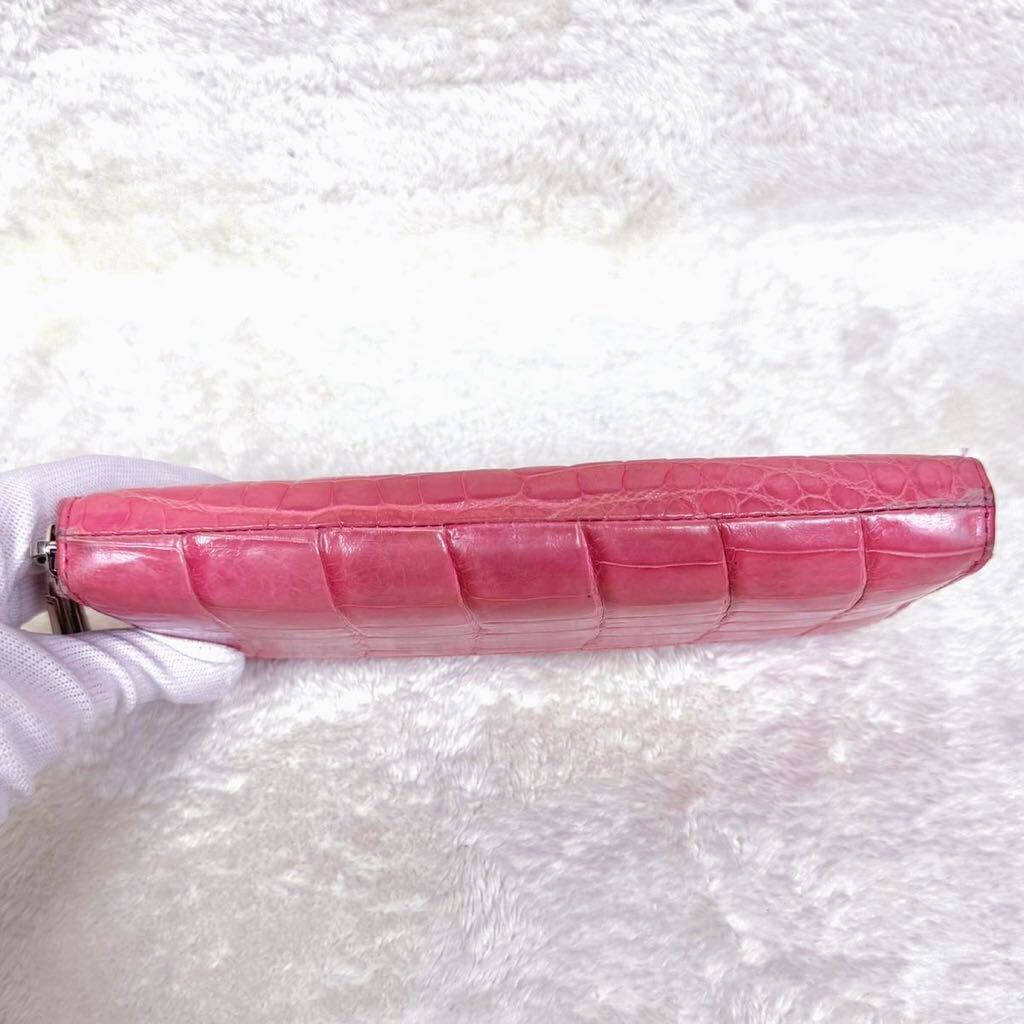 シャイニングクロコ クロコダイル 長財布 ロングウォレット ラウンドファスナー ピンク ワニ革 レザーの画像4
