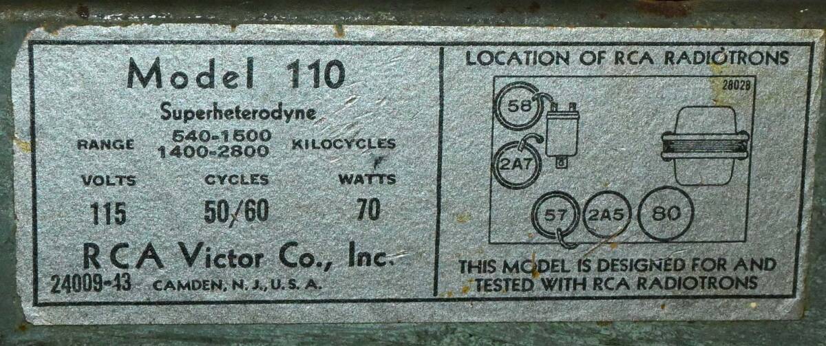 RCA Victor 1933年モデル 110型 屋根丸 2バンド 5球スーパー (58-2A7-57-2A5-80) 通電確認 要調整 ※回路図あります_画像4