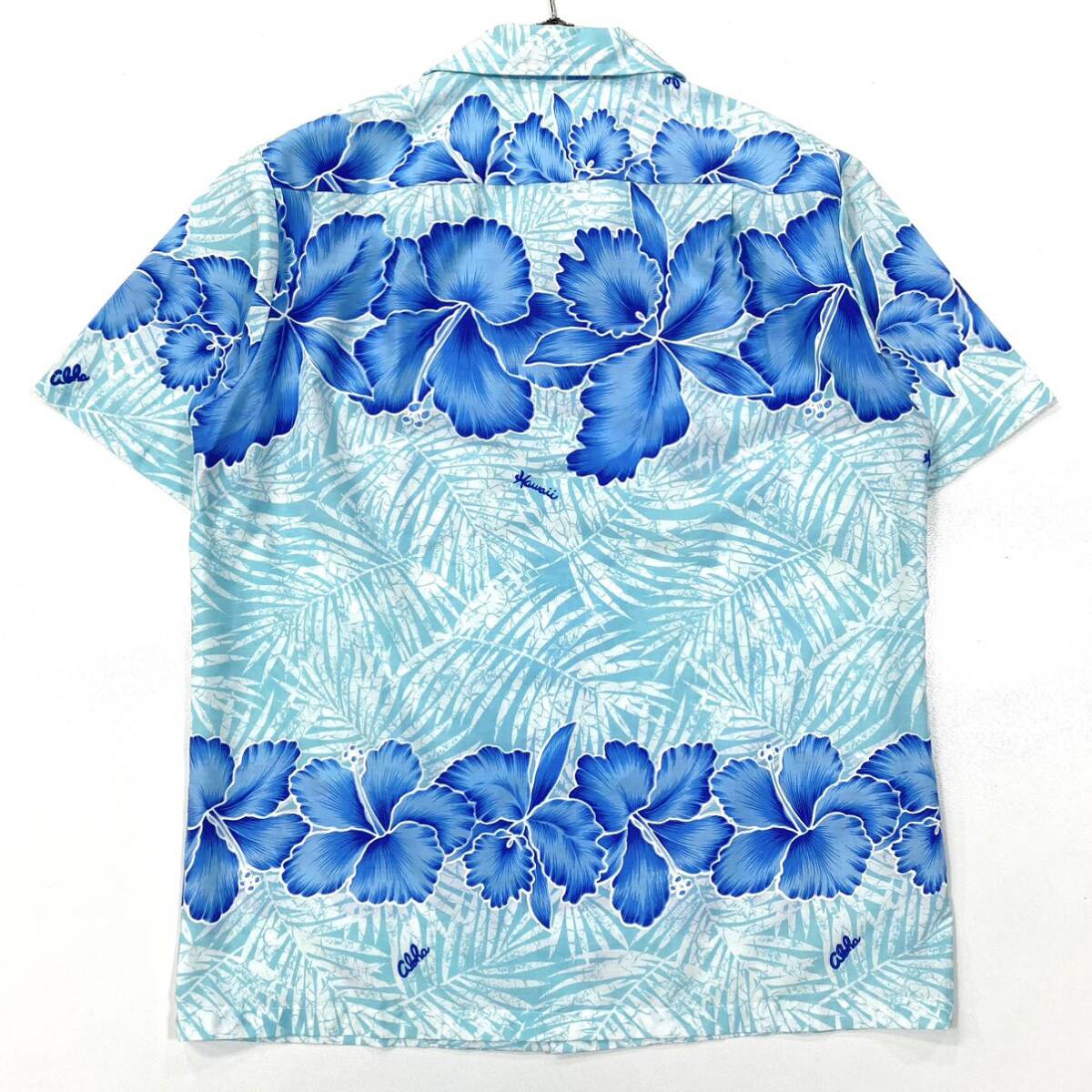 ハワイ製Kalena Fashions アロハシャツ ハワイアンシャツ オープンカラー ハイビスカス柄 メンズM ブルー系の画像3