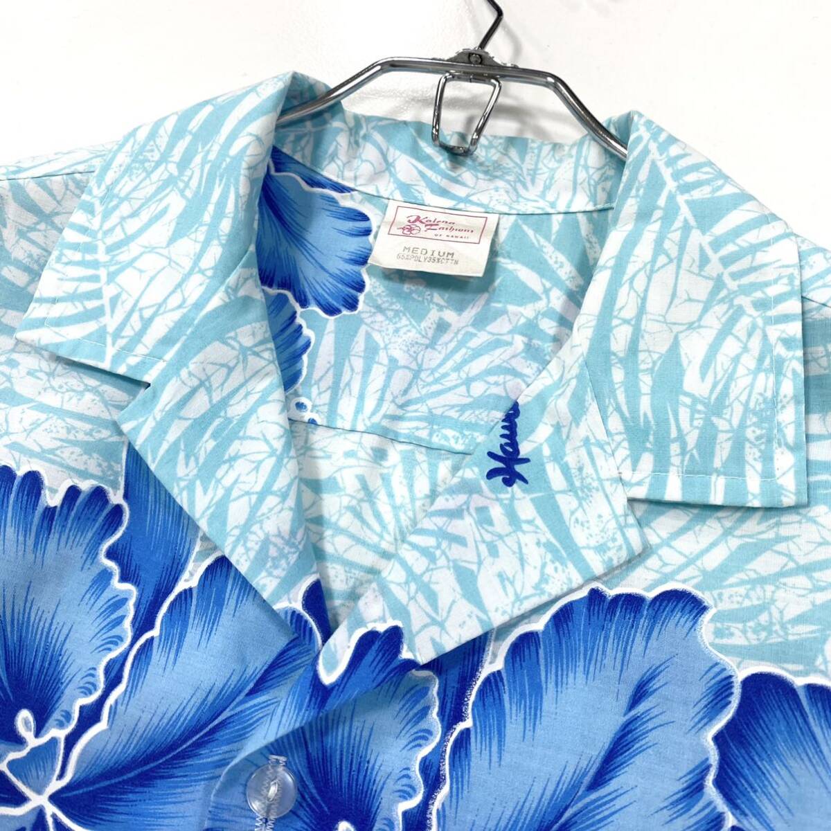 ハワイ製Kalena Fashions アロハシャツ ハワイアンシャツ オープンカラー ハイビスカス柄 メンズM ブルー系の画像4
