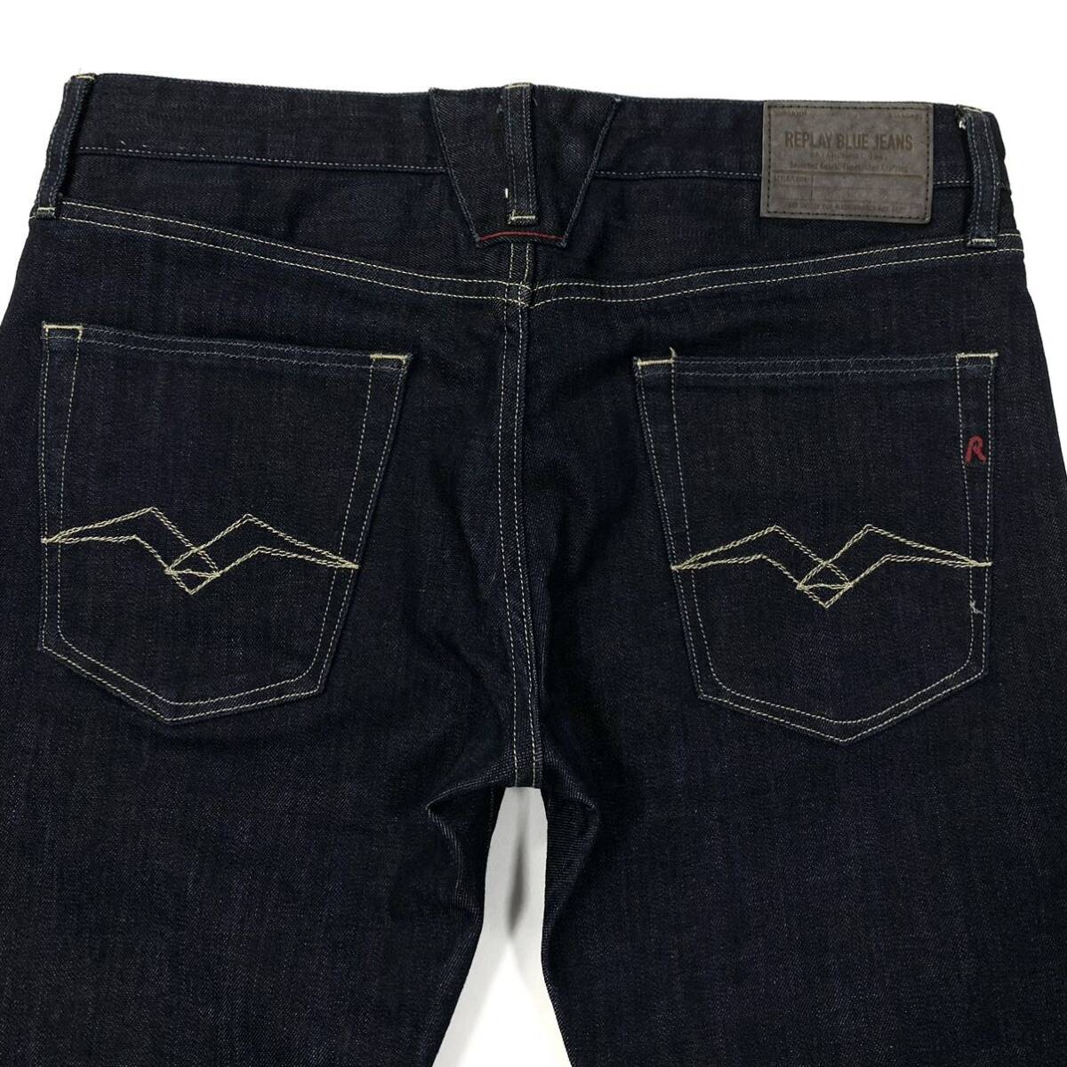 良品 REPLAY BLUE JEANS(リプレイ)デニムパンツ ジーンズ 牛革パッチ ストレッチ性 メンズW30 濃紺系デニム_画像5