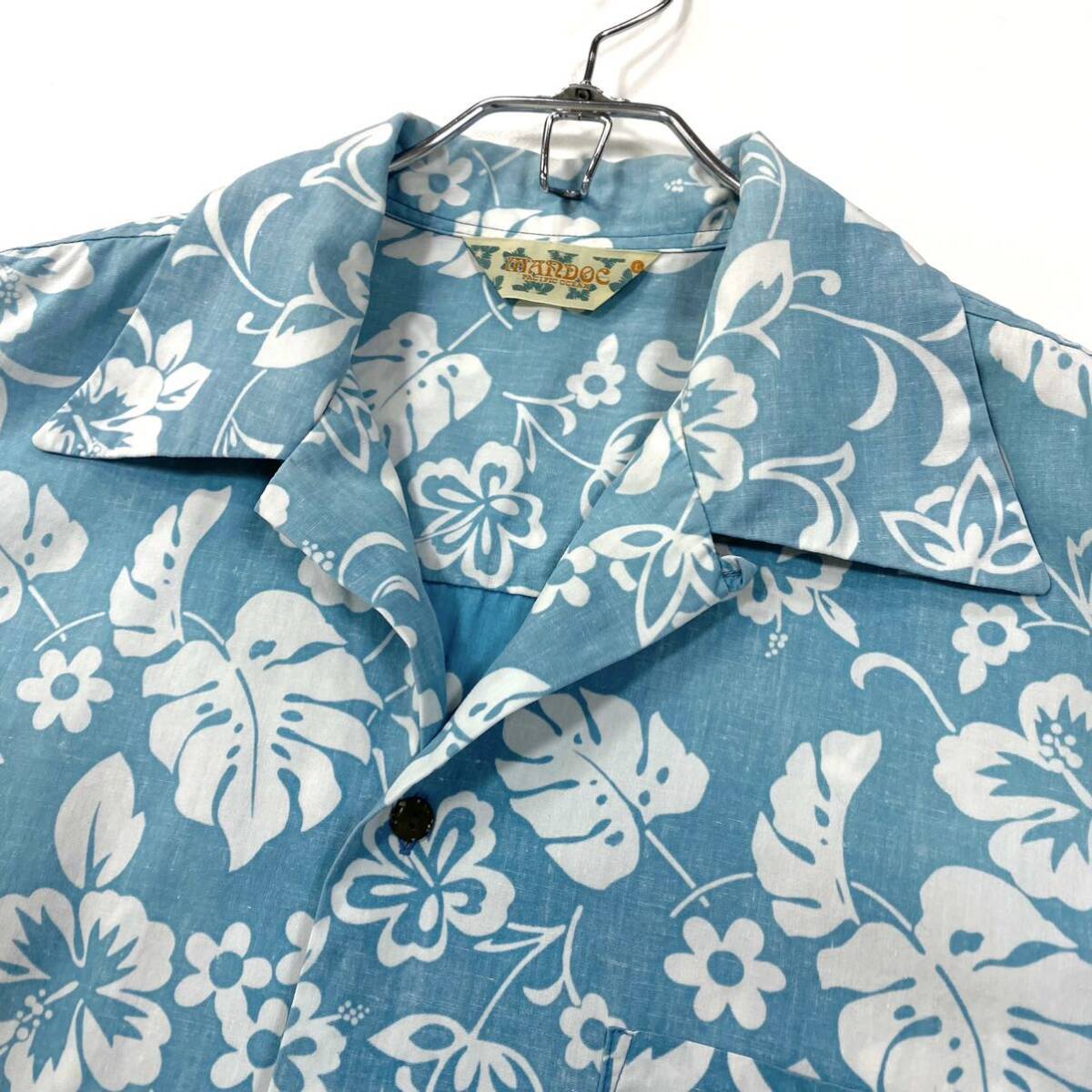 MANDOC アロハシャツ オープンカラー ハワイアンシャツ リバースプリント ハイビスカス柄 メンズL ブルー系の画像4