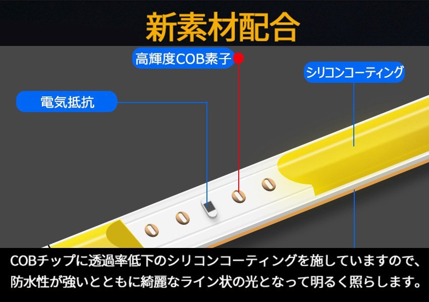 2.5mm超極細線状COB LEDテープライト デイライト テールライト ブレーキ 270連60cm 強力発光 防水切断可 7色 2本セット_画像4