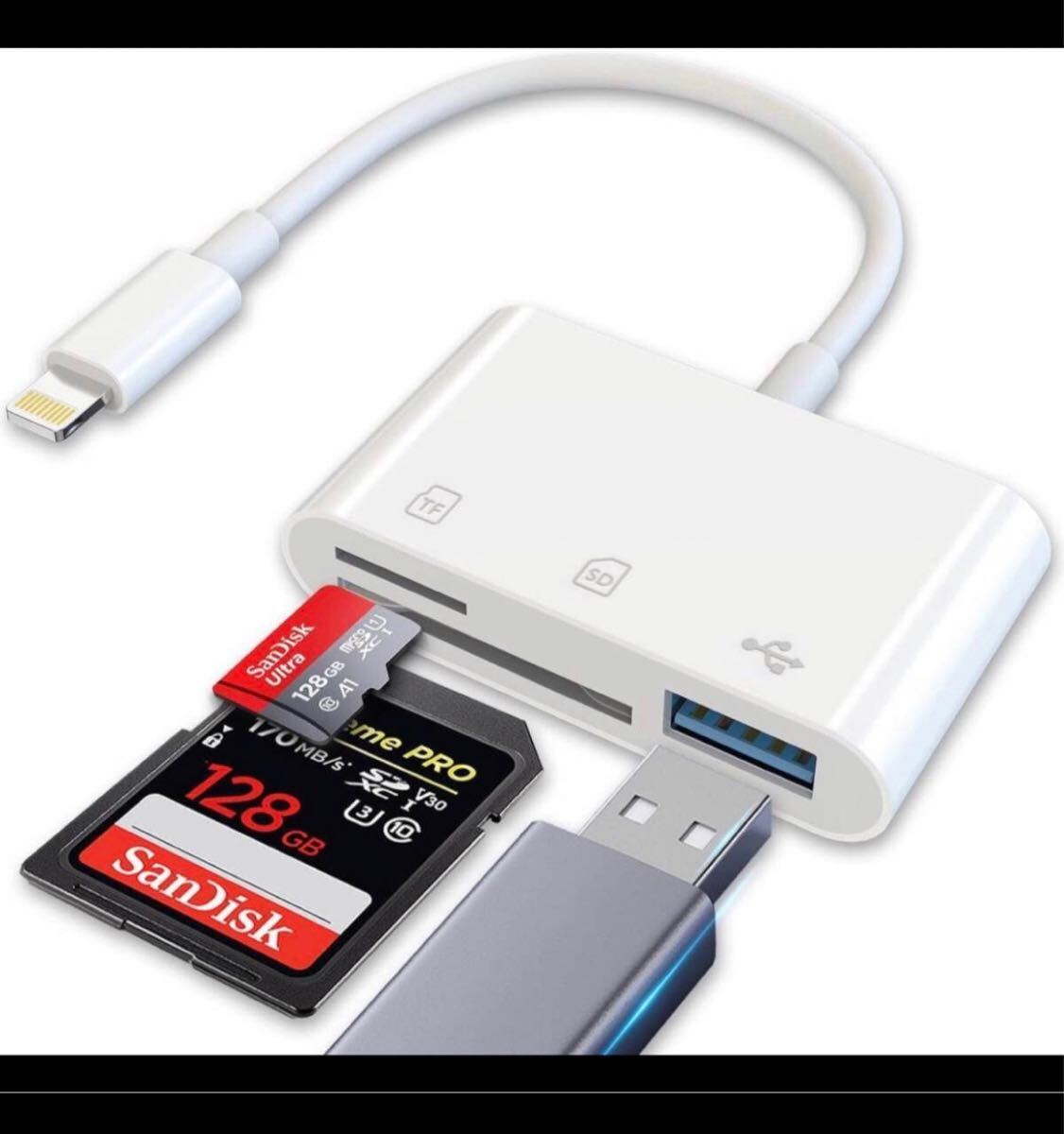 iPhone SDカードリーダー 3in1 USB/SD/TF変換アダプタ 設定不要 写真/ビデオ USB3.0 高速 双方向転送の画像1