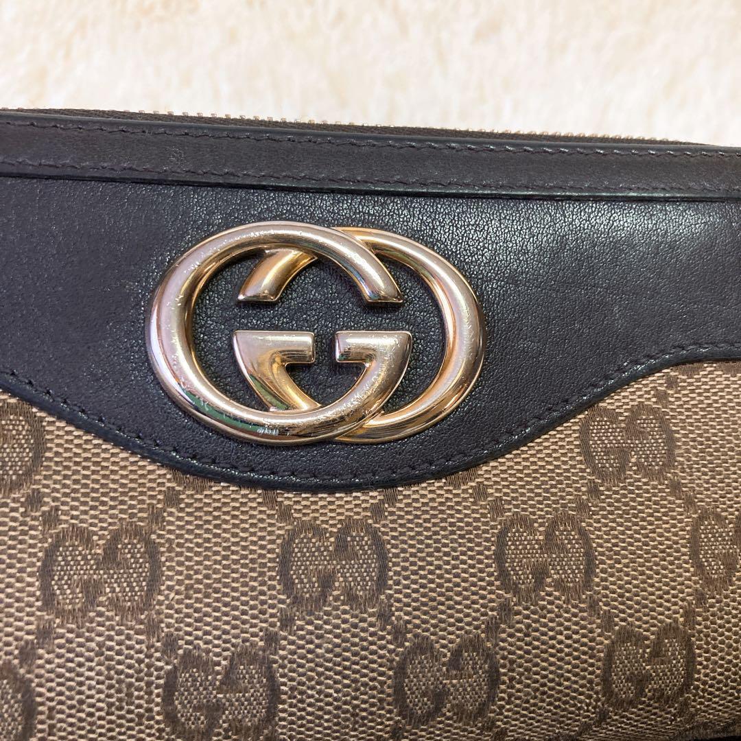 美品/希少●GUCCI グッチ メンズ レディース 長財布 ラウンドファスナー レザー×GGキャンバス インターロッキング ゴールド金具 ブラウン_画像3