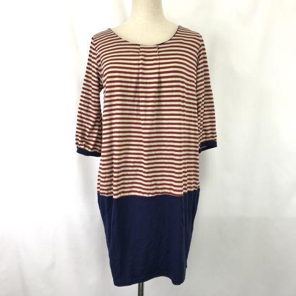 White Palette/ホワイトパレット★七分袖チュニック/カットソー【M/red×navy/赤×ネイビー】ボーダー柄/Tops/Shirts◆BH633_画像1