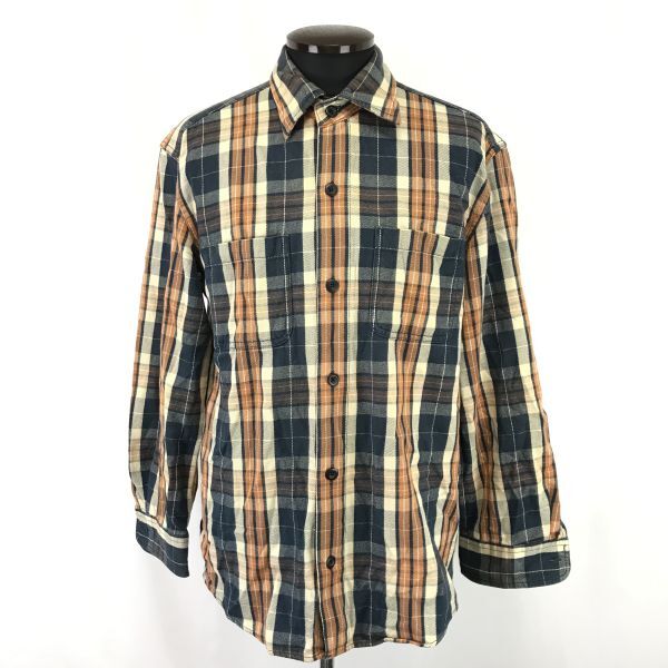 ユニクロ/UNIQLO★長袖ネルシャツ【メンズM/オレンジ系×紺/orange×navy blue/コットン100%】タータンチェック/shirts◆BH688_画像1