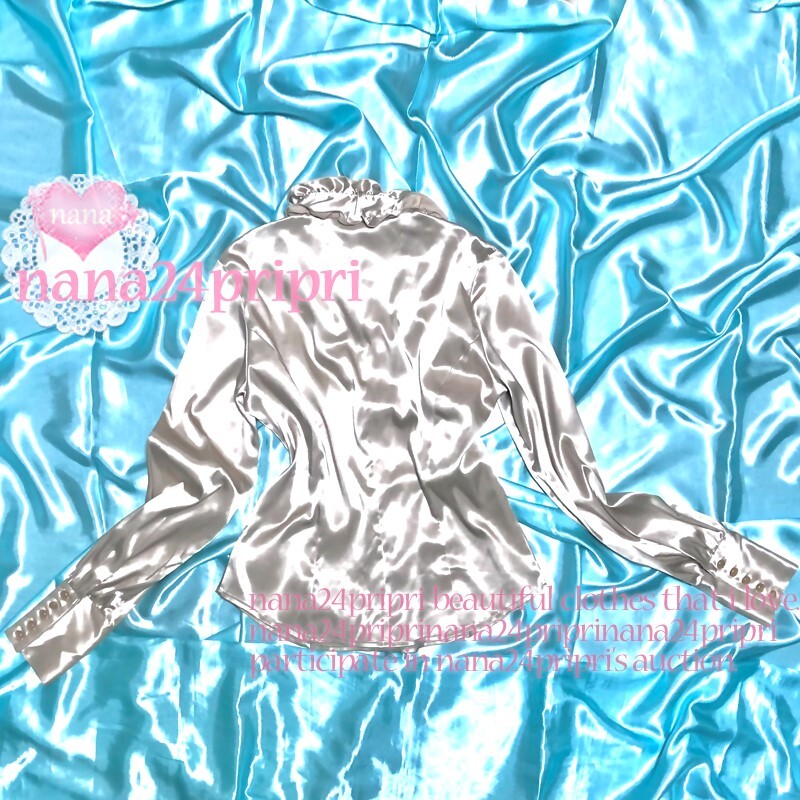 【超光沢サテン セット】 超密着 超ピタピタ 超つるつる リボン 立ち襟フリルブラウス＋パンツ 幅広ロング 透け感 女子アナ 女装 フェチの画像3
