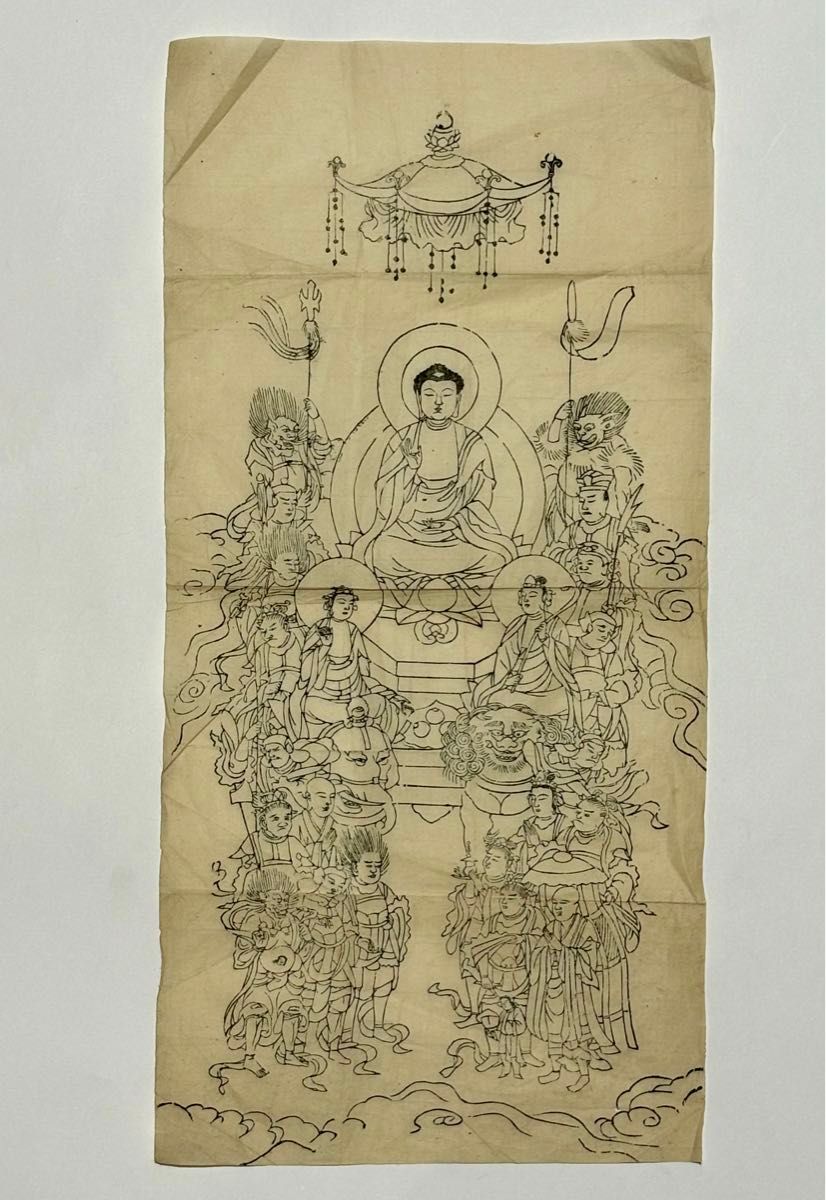 釈迦三尊十六善神図」1枚|木版画 和本 古典籍 仏像 仏教美術 釈迦三尊十六善神図」1枚|木版画 和本 古典籍 仏像 仏教美術