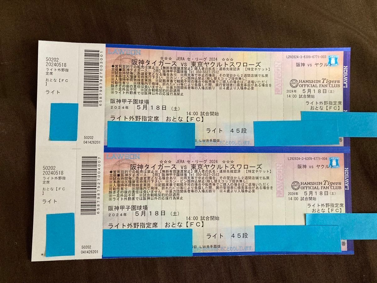 阪神タイガース チケット　甲子園　ライト外野指定席　ペア　2枚　連番　5/18 ヤクルト戦　評価0、評価悪い方お断り