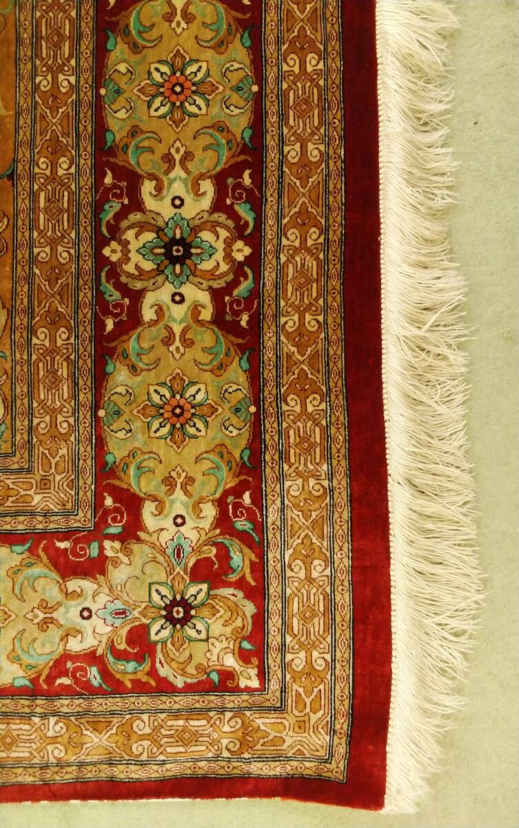 J5【アンティーク】ペルシャ絨毯 クム シルク ラザビ工房 ヴィンテージ オールド品 ヘレケ トルコ絨毯の画像6