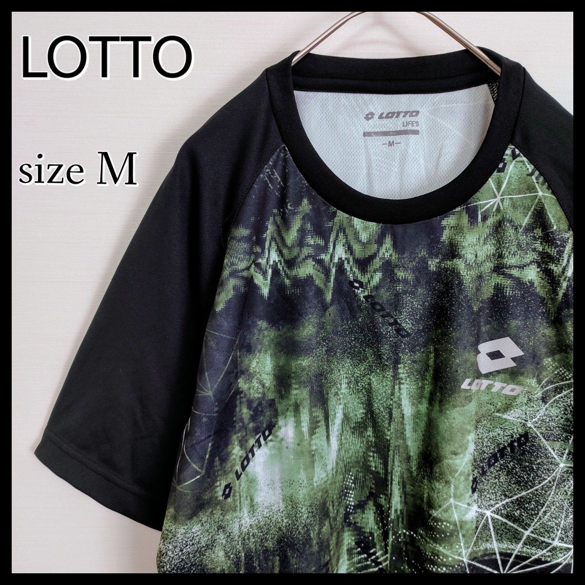 【美品】LOTTO ロット☆プリントロゴ付Tシャツ/カットソー　Mサイズ　ダークグリーン　暗緑　総柄　切替　スポーツウェア　半袖