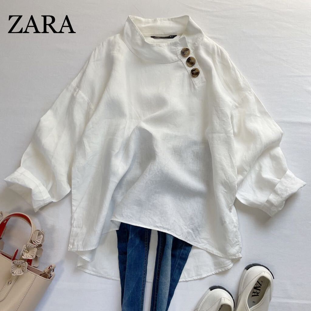 ZARA 良品　春夏大人素敵スタイル　リネン100% べっこうボタン付き　クルーネック　プルオーバートップス　サイズMザラ♪_画像1