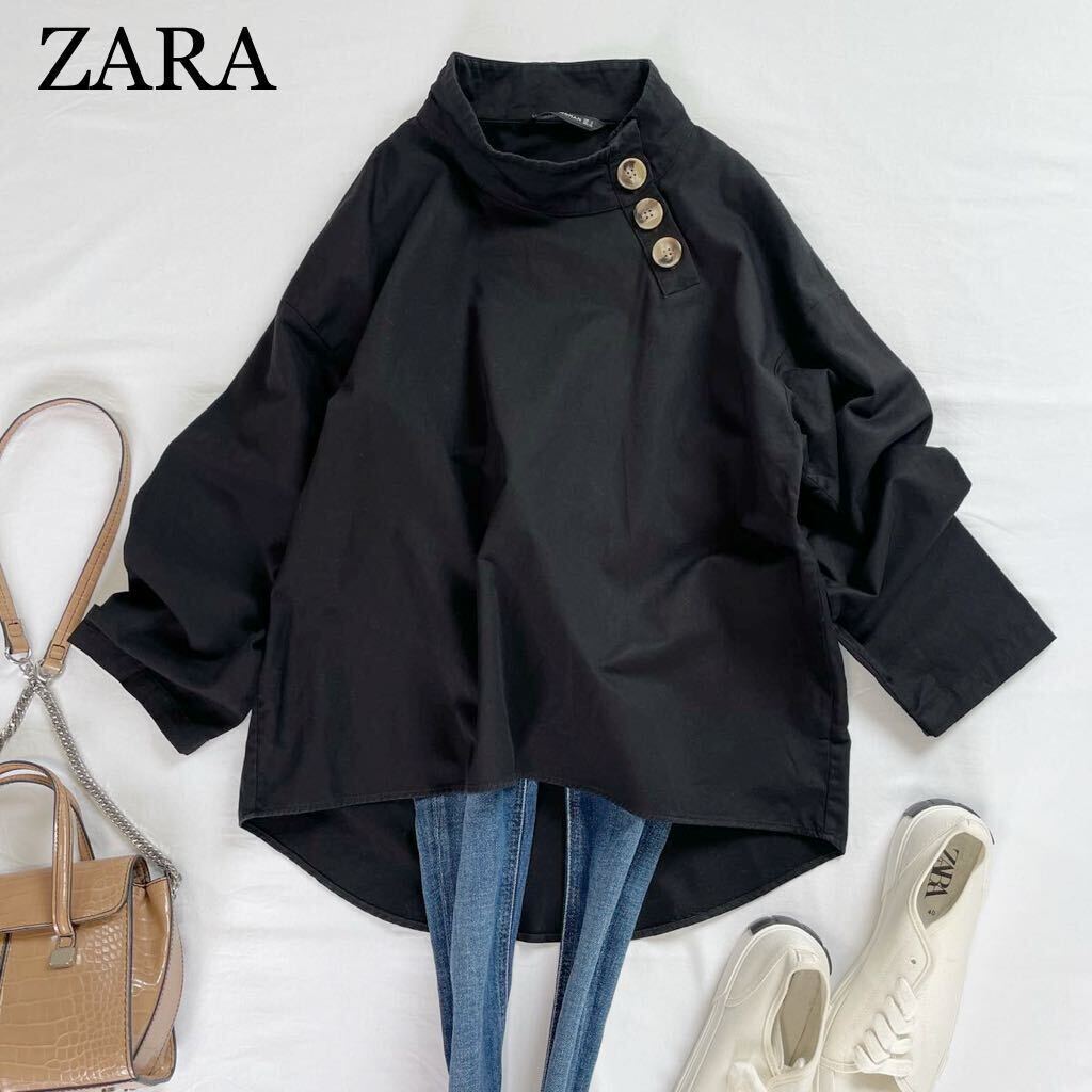 ZARA 大人お洒落 リネンコットンブレンド 軽やかブラックプルオーバートップス ゆったりXSザラ♪の画像1