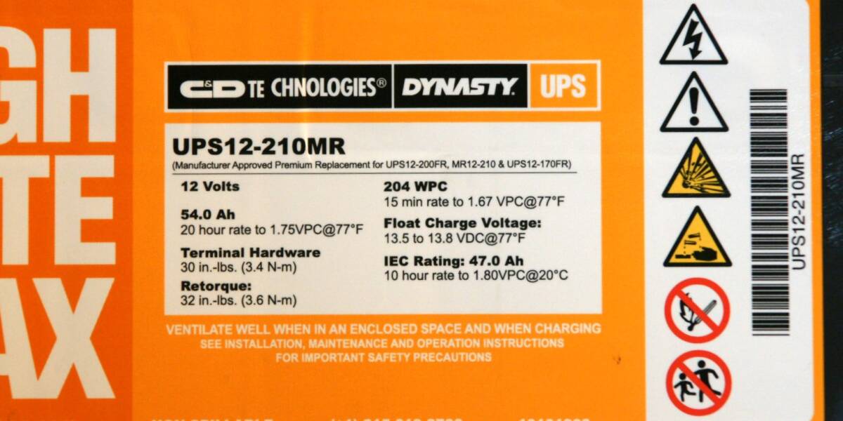 C & D Technologies UPS 12-210MR 12V 53.8Ah VRLA Battery バッテリー RV キャンピングカー ソーラー バルク品 ①の画像4