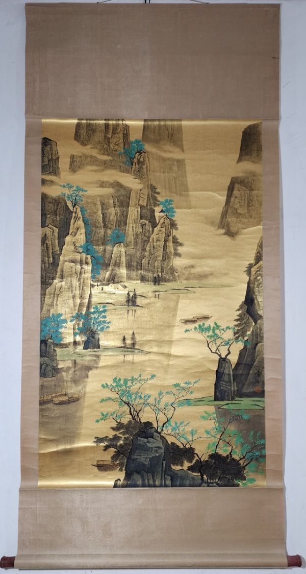 「白雪石畫 山水図」近代画家 肉筆金紙本真作【仁】掛け軸 書画立軸 巻き物 中国書画 蔵出 畫芯約75.5×124cm_画像2