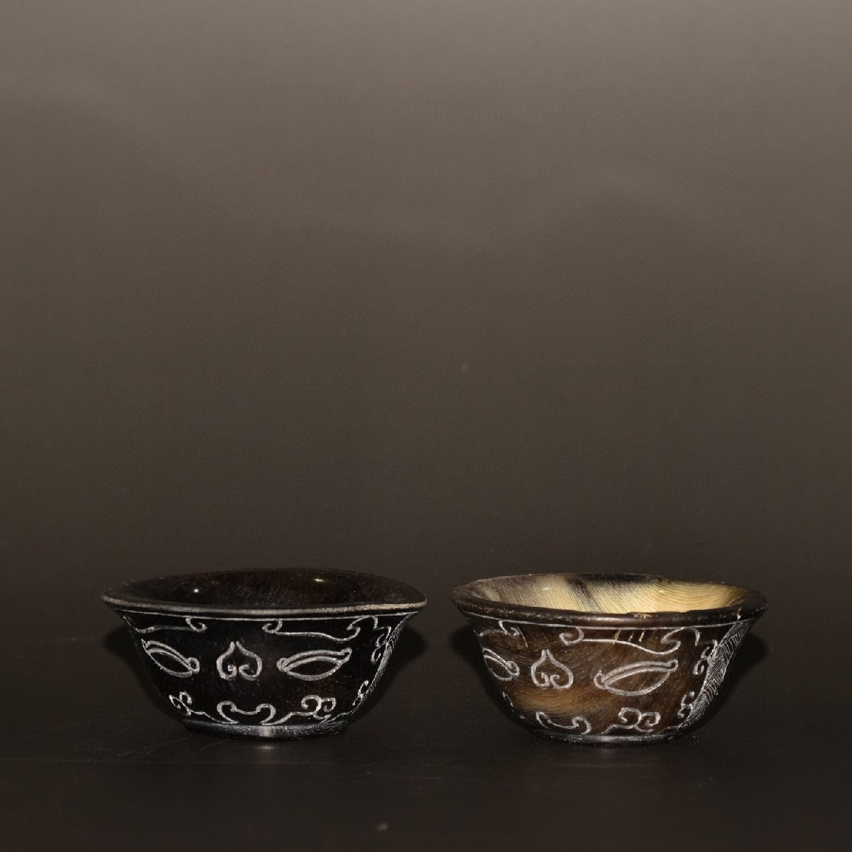 ◆古寳堂◆清 角材細密彫 茶碗一對 置物 賞物 極細工 古置物 古擺件 中国古美術 時代物 古董品_画像1