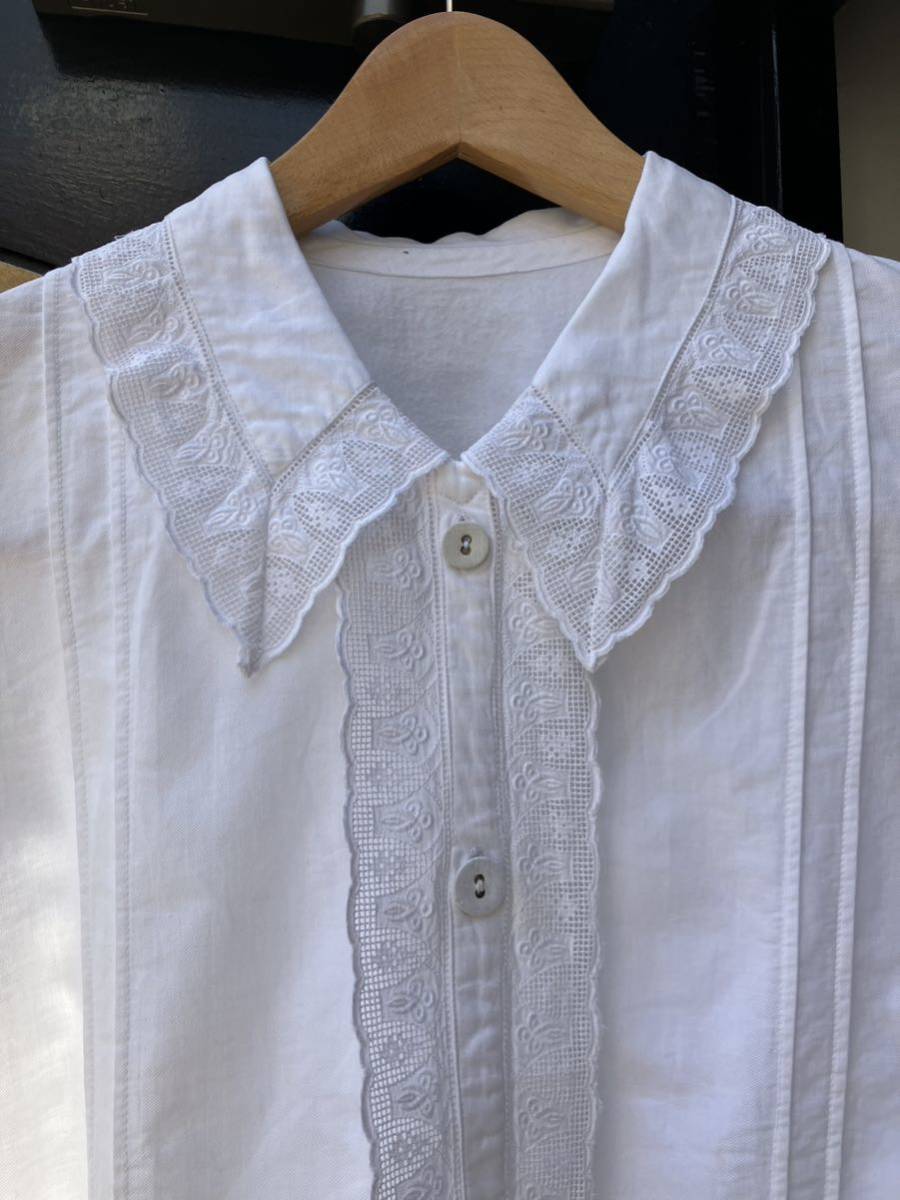 イギリス古着 race blouse vintage shirt コットンレースブラウス 長袖1950s cotton blouse白シャツ LV775_画像3