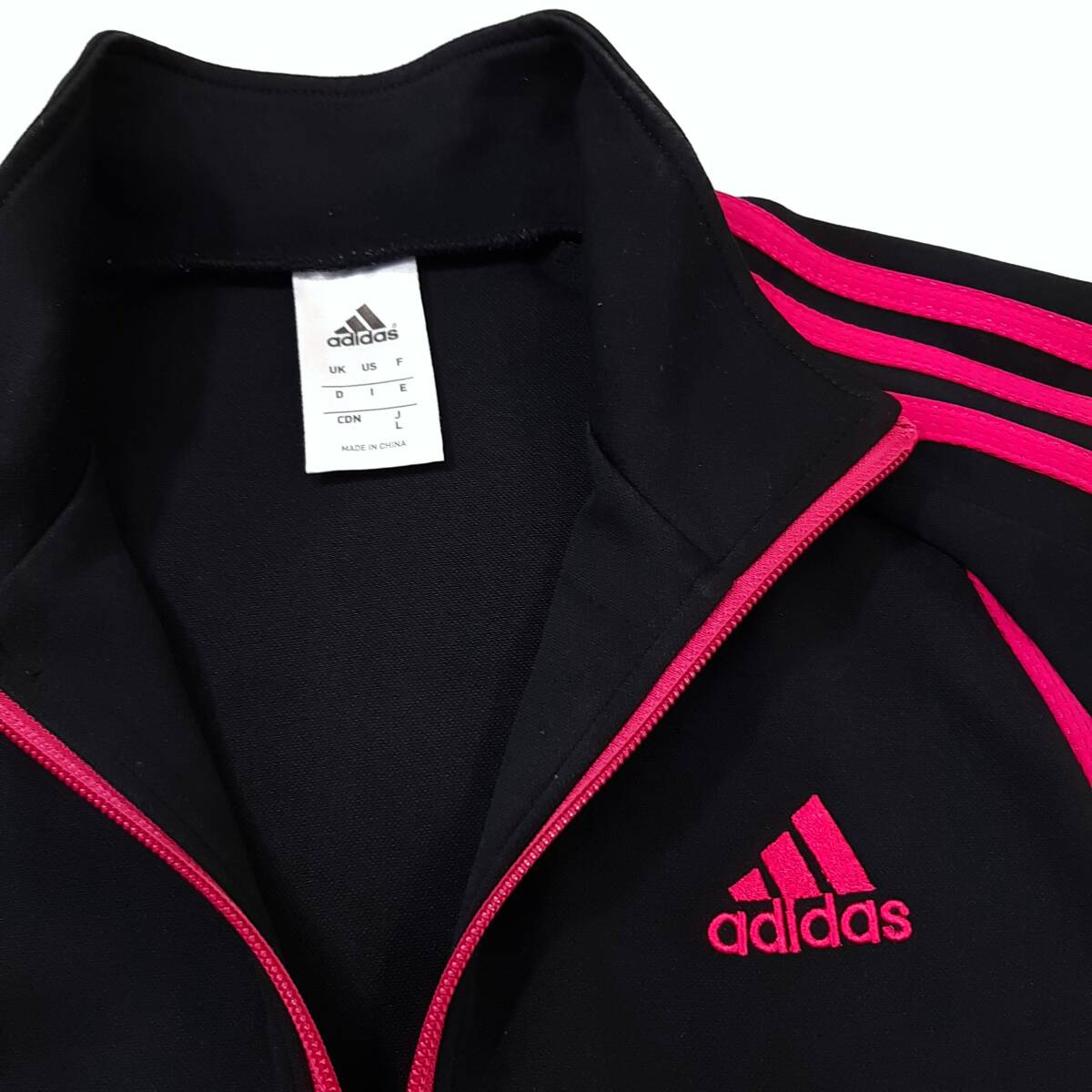 f1★送料無料★adidas アディダス★フルジップアップ ジャケット 長袖 ジャージー スタンドカラー★レディースLサイズ ブラック黒色 中古_画像4