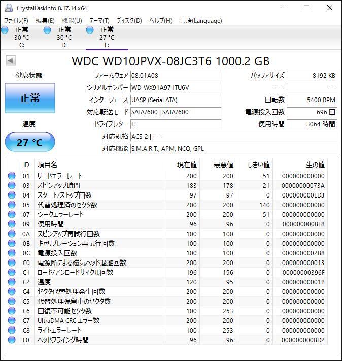【HDD 1TB】WD Blue 2.5インチ 9.5ｍｍ ハードディスク 使用時間3054時間　[TU6V1000 HD156]_画像4