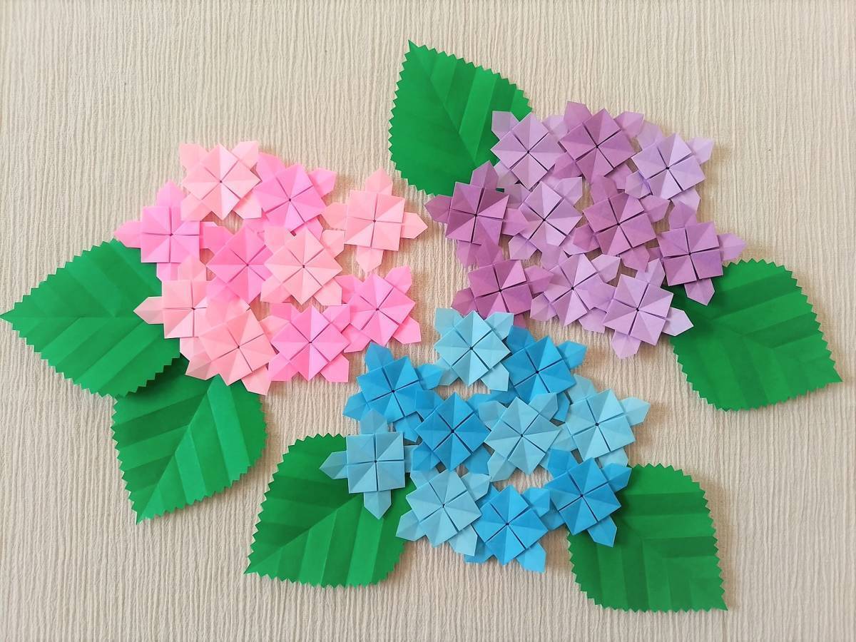  оригами сезон дождей первый лето [ гортензия фиолетовый . цветок 3 -цветный набор ]⑥ цветок стена поверхность украшение стена украшение ручная работа 