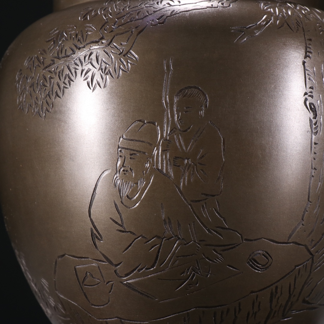  ▽鴻▽清・蔵六居款・錫彫・人物漢詩彫紋茶入 時代物 中国古美術 骨董品
