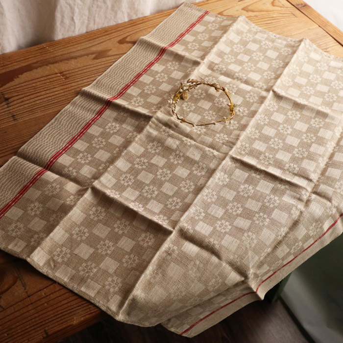 [223] France antique Vintage unused linen Cross red line weave pattern initial tape beige kitchen Cross 