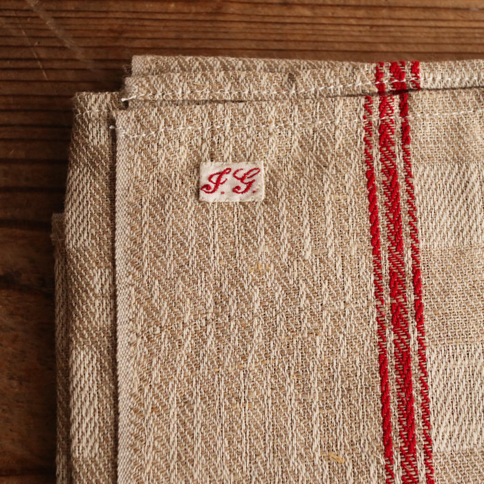 [223] France antique Vintage unused linen Cross red line weave pattern initial tape beige kitchen Cross 