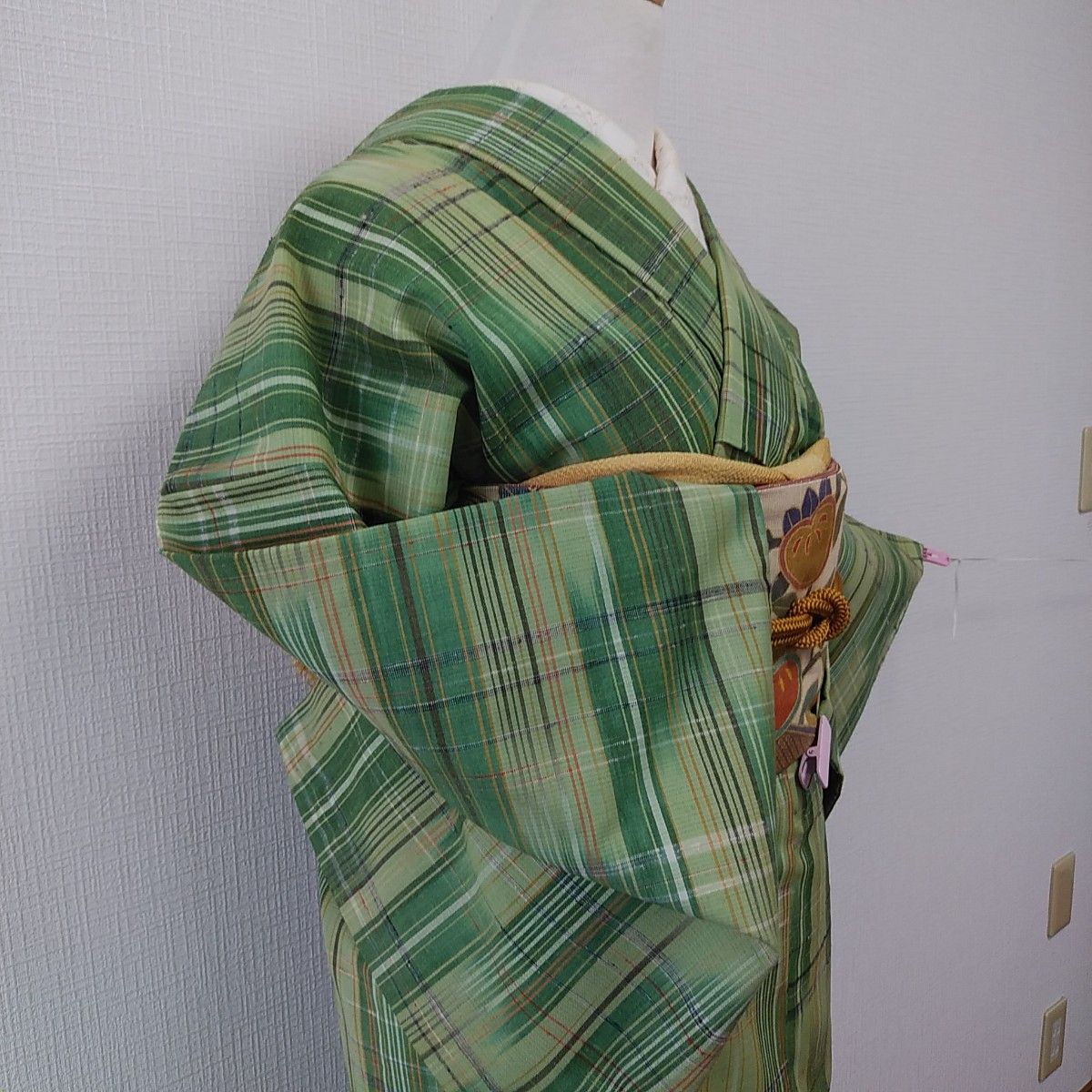 緑系　格子模様　絣風・紬風・織り柄　ウール　単衣着物