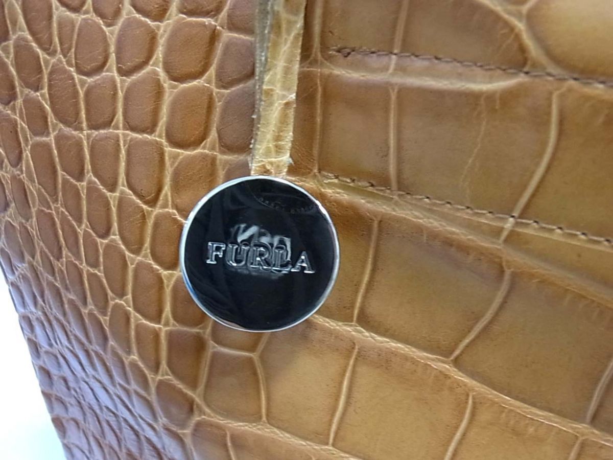 ☆FURLA フルラ クロコ型押し レザーハンドバッグ レザートートバッグ イタリア製 本革 レディース 鞄 1円スタートの画像6