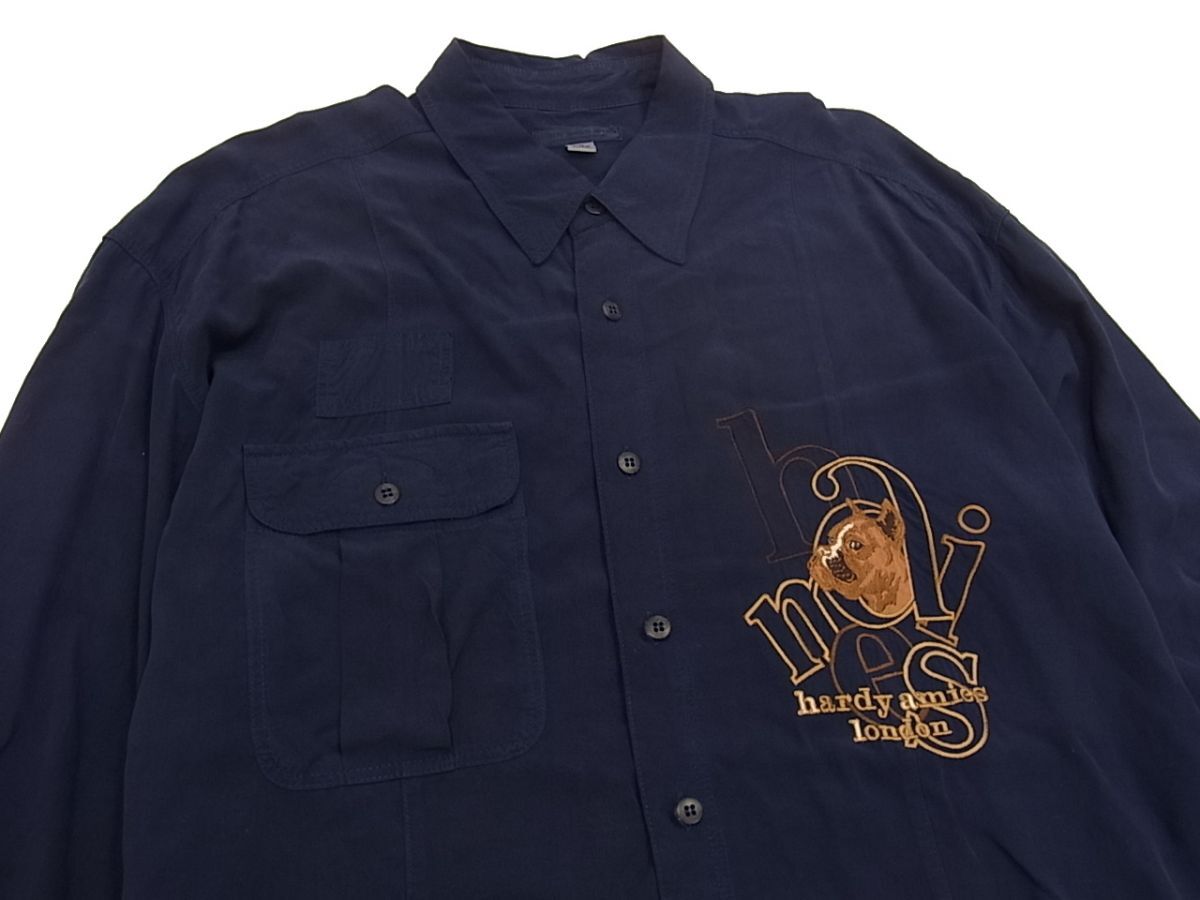 ◇HARDY AMIES レーヨン100％ 長袖シャツ ネイビーブルー 犬 ロゴ刺繍 大きめサイズ ハーディエイミス メンズ ゴルフ 1円スタートの画像3