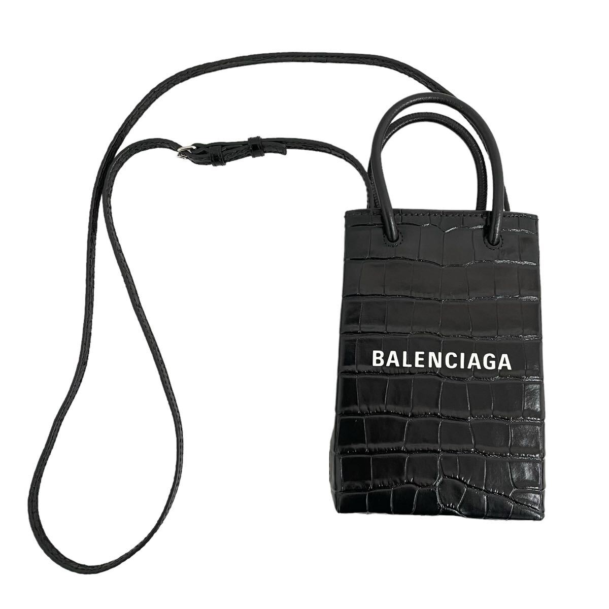 【未使用級】 BALENCIAGA バレンシアガ　ショッピング　フォンホルダー ショルダーバッグ　クロコ型押し　ブラック_画像2