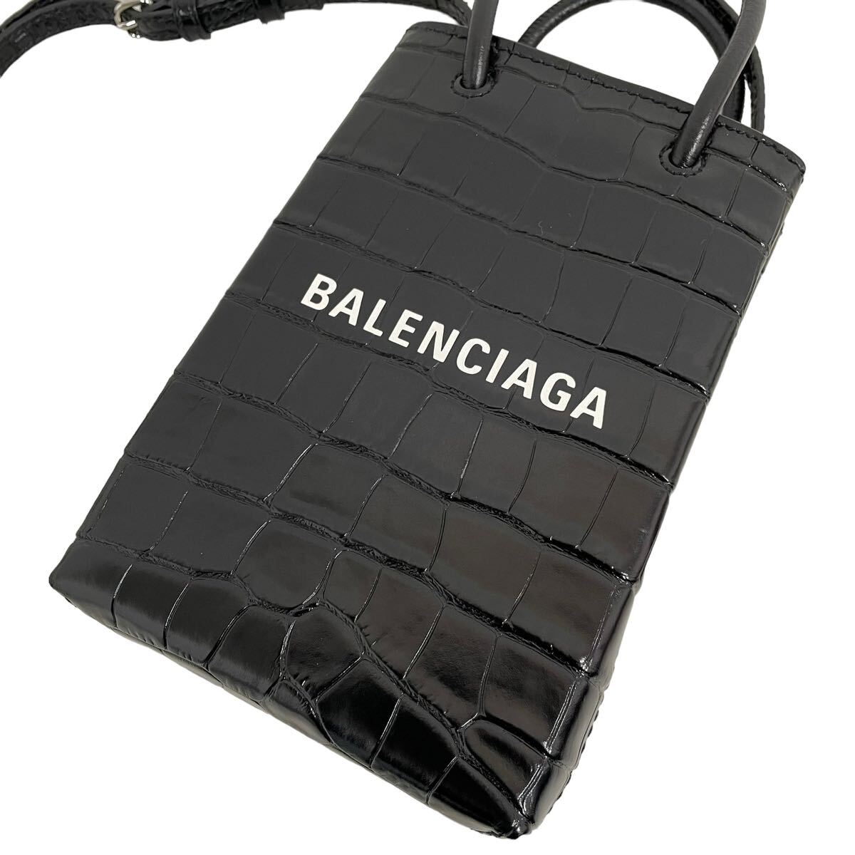 【未使用級】 BALENCIAGA バレンシアガ　ショッピング　フォンホルダー ショルダーバッグ　クロコ型押し　ブラック_画像3