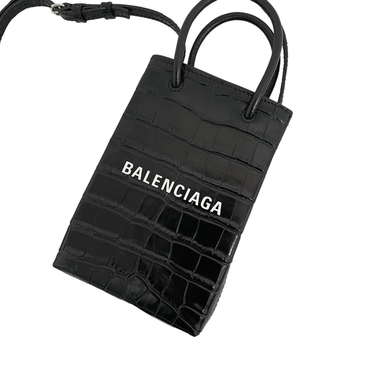 【未使用級】 BALENCIAGA バレンシアガ　ショッピング　フォンホルダー ショルダーバッグ　クロコ型押し　ブラック_画像4