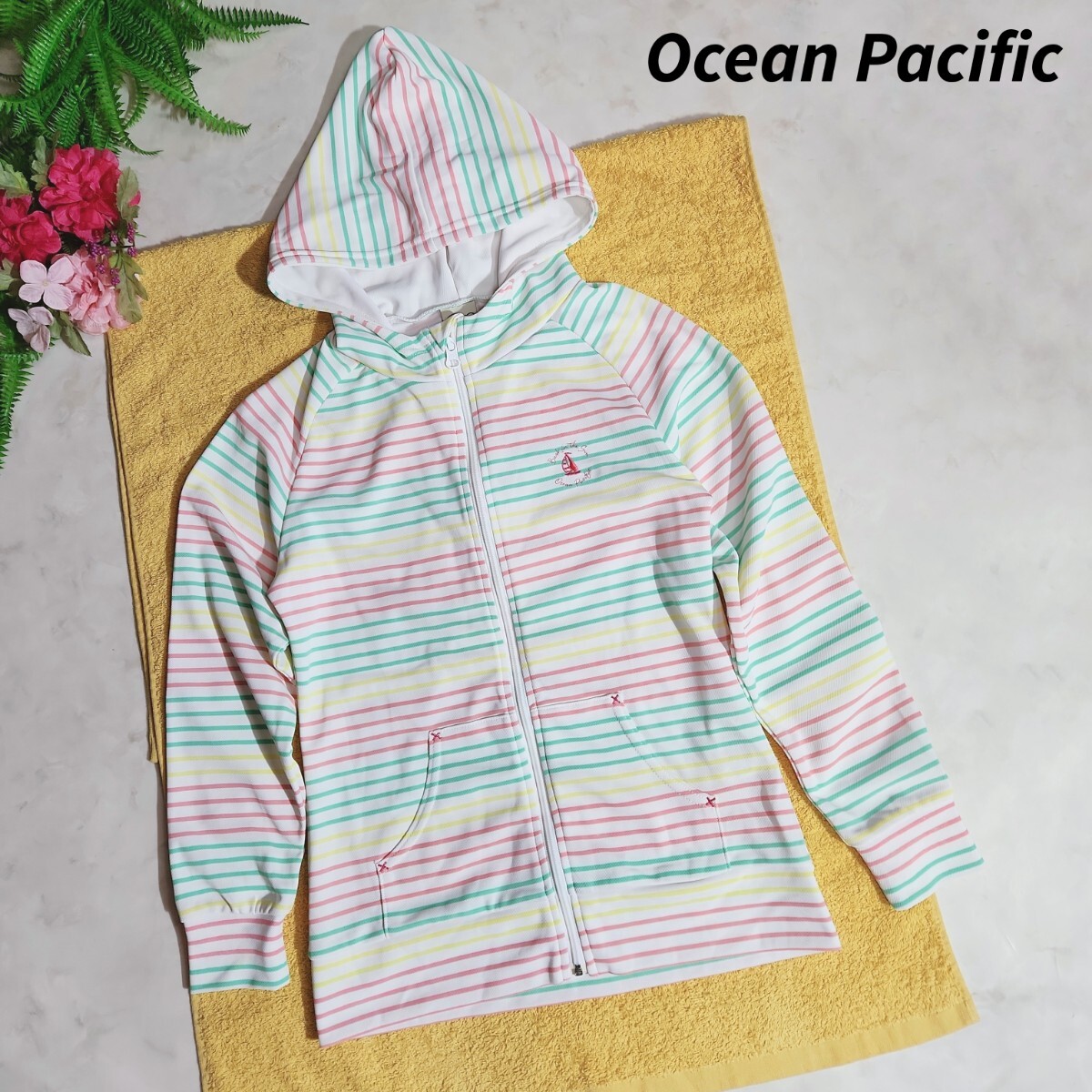 Ocean Pacific パステルカラー・ボーダー柄・速乾ドライ・ジップアップ パーカー 表記サイズ150 ラッシュガード UVカット 五点で送料無料 _画像1