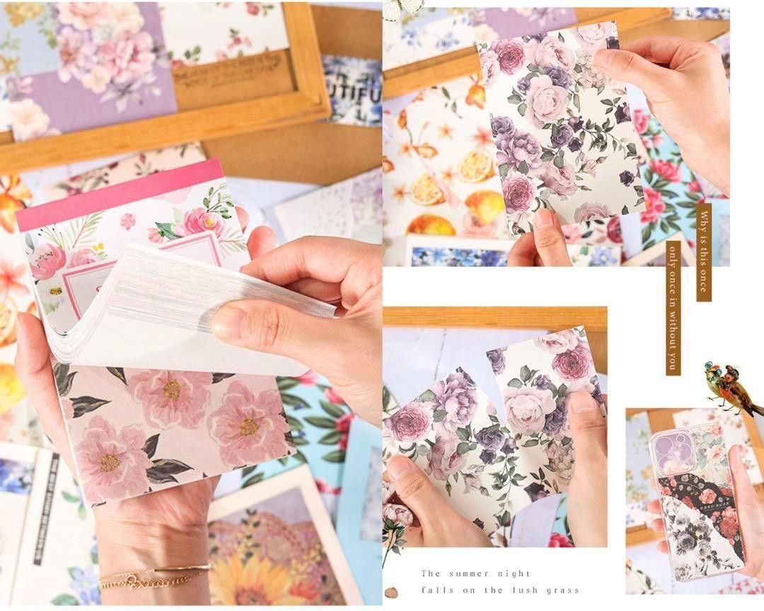 鮮やかな花園　素材紙　紙もの　コラージュ　メモパッド　デザインペーパー花柄