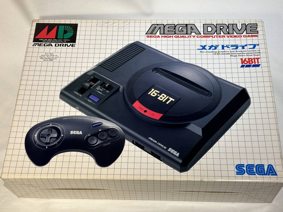 SEGA MEGA DRIVE HAA-2500【通電確認済み】セガ メガドライブ 16BIT ゲーム機本体・電源アダプター・AVケーブル・コントローラー・外箱付きの画像2