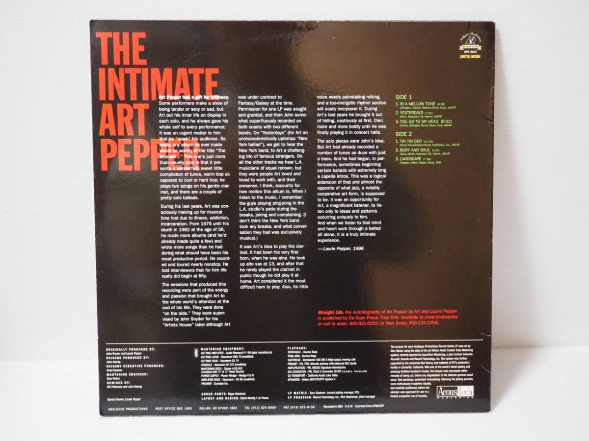 【高音質盤LP】ART PEPPER アート・ペッパー / THE INTIMETE ART PEPPER   （Analogue Productions製 型番：APR-3014）の画像2