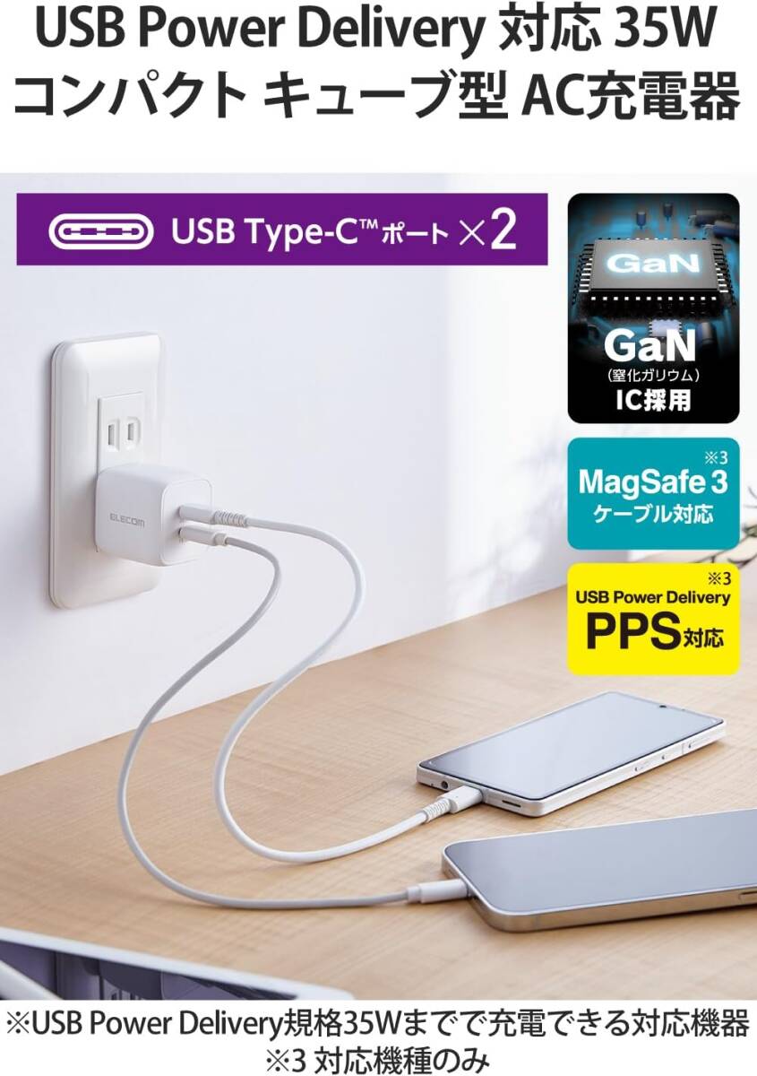 2)USB-C×2ポート 1)充電器単体 エレコム(ELECOM) 充電器 Type-C 2ポート 35W USB PD対応 PP_画像2