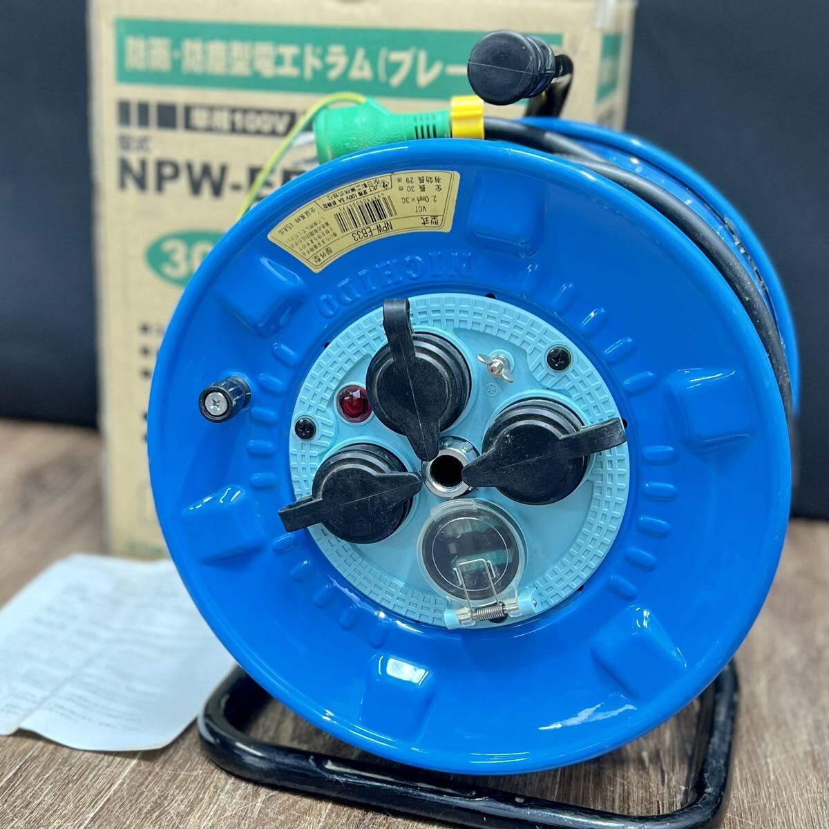 良品■日動工業 防雨 防塵型 電工ドラム ブレーカー付き 屋外用 30m コードリール NICHIDO NPW-EB33 単相100V 中古品■兵庫県姫路市発 J1_画像1