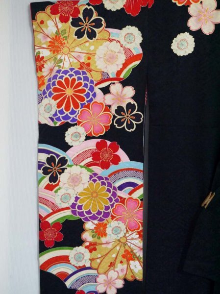 [KIRUKIRU] прекрасный товар [AMIAYA×. один пункт ] кимоно с длинными рукавами кимоно длина 171cm Taisho роман способ синий море волна сезонные цветы чёрный земля retro японский костюм одевание . одежда день совершеннолетия свадьба 