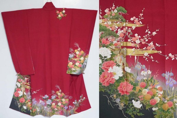 [KIRUKIRU] beautiful goods long-sleeved kimono kimono + long kimono-like garment 2 point set length 157cm silk red ground retro pattern classic pattern flowers of four seasons . place car .. Japanese clothes dressing . clothes coming-of-age ceremony 