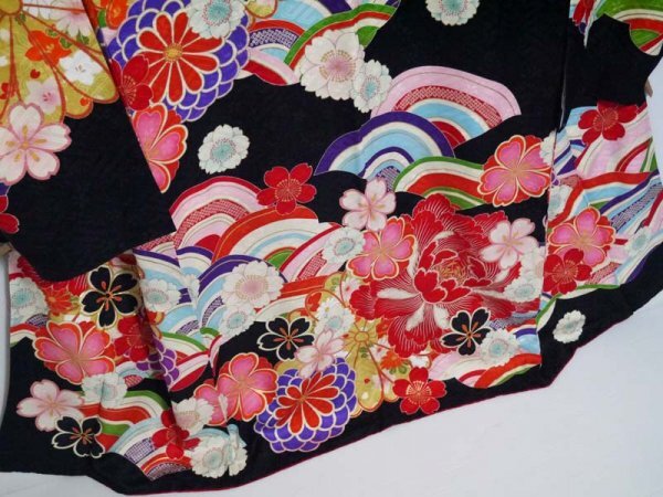 [KIRUKIRU] прекрасный товар [AMIAYA×. один пункт ] кимоно с длинными рукавами кимоно длина 171cm Taisho роман способ синий море волна сезонные цветы чёрный земля retro японский костюм одевание . одежда день совершеннолетия свадьба 