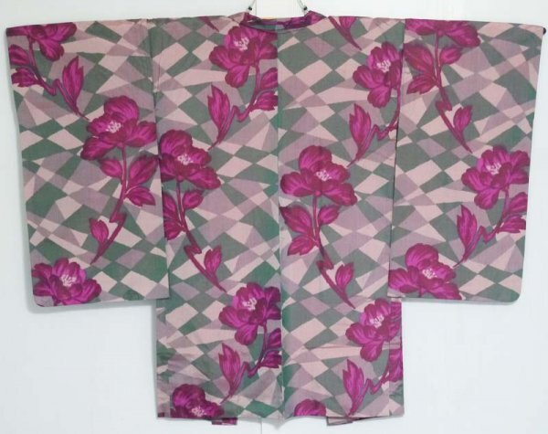 [KIRUKIRU] antique .. feather woven silk Taisho romance mo The ik tile .. flower pink green retro stylish kimono Japanese clothes dressing 