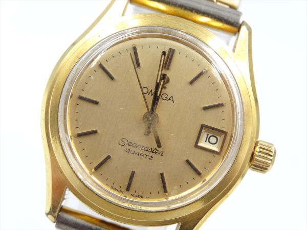 18040f OMEGA オメガ シーマスター デイト アンティーク ヴィンテージ ゴールド字盤 レディース 時計 QZ ケース26mm_画像1