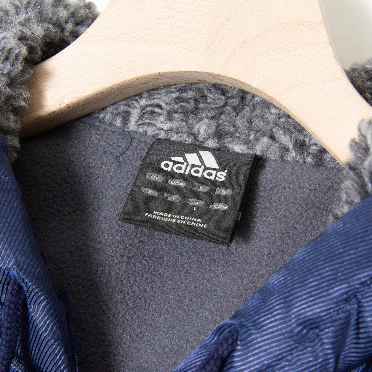 【1円スタート】adidas ベンチコート 596555 アディダス フード付 アウター CLIMA PROOF 防寒 ライナー フリース L ネイビー 紺の画像7