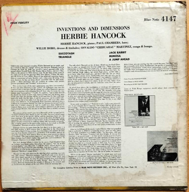 【オリジナル】BLUE NOTE NY RVG 片溝 耳付 MONO盤 HERBIE HANCOCK／Inventions And Dimentions ハービー ハンコック ブルーノートの画像2