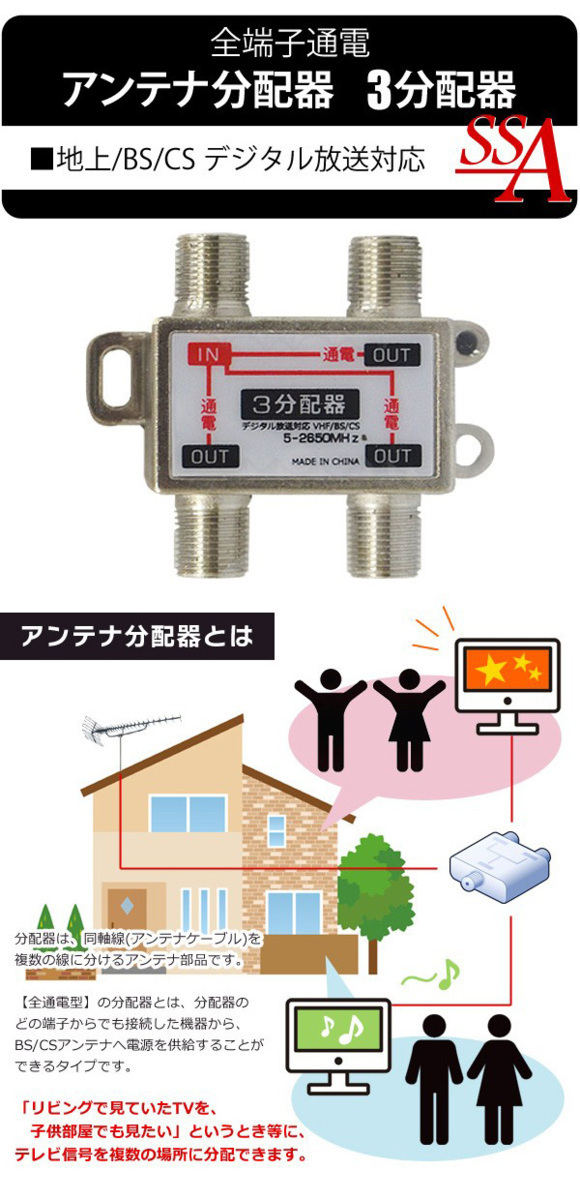 ◆送料無料/規格内◆ アンテナ３分配器 地上/BS/CS デジタル放送対応 全端子通電型 5-2650MHz ◇ 3分配器 STV-13S